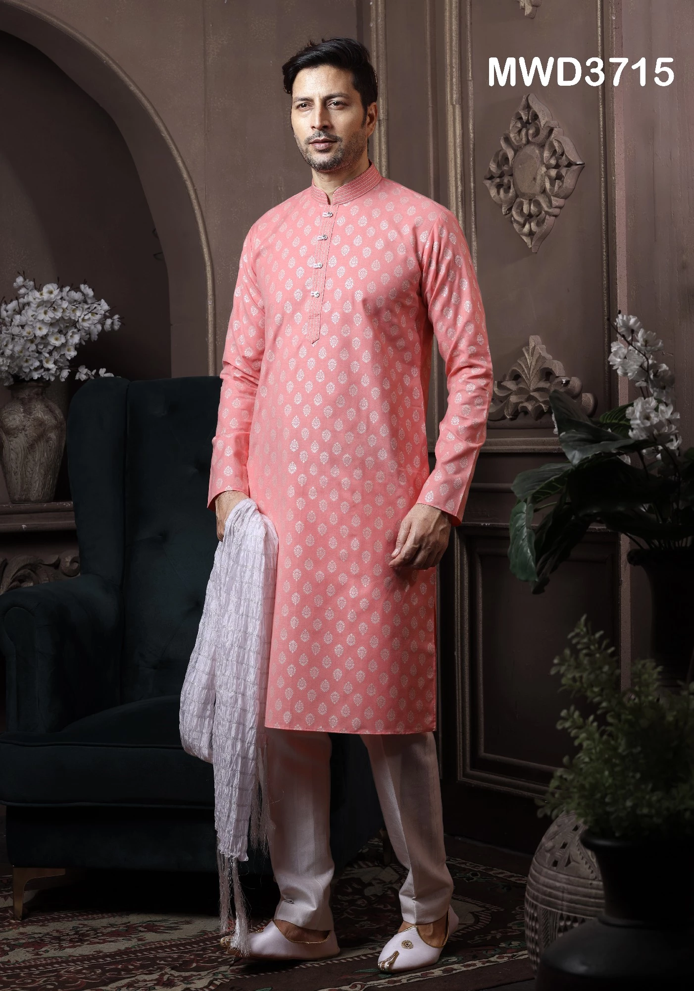 Peach Printed Kurta Pajama Set In Cotton, 36-1.webp